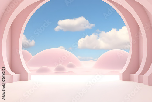 3d Render, Abstract Surreal pastel landscape background with arches and podium for showing product. Minimalist decor design.