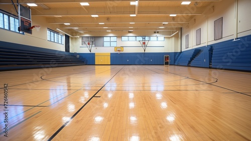 Blurred school gym background. Basketball game on wooden court floor