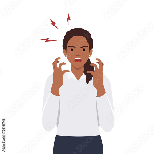 Young woman get angry and scream. Flat vector illustration isolated on white background