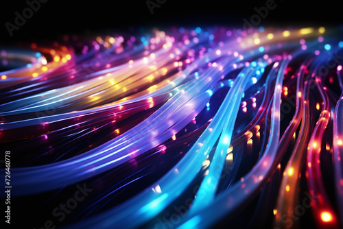 Glowing colored data cables transferring background information.