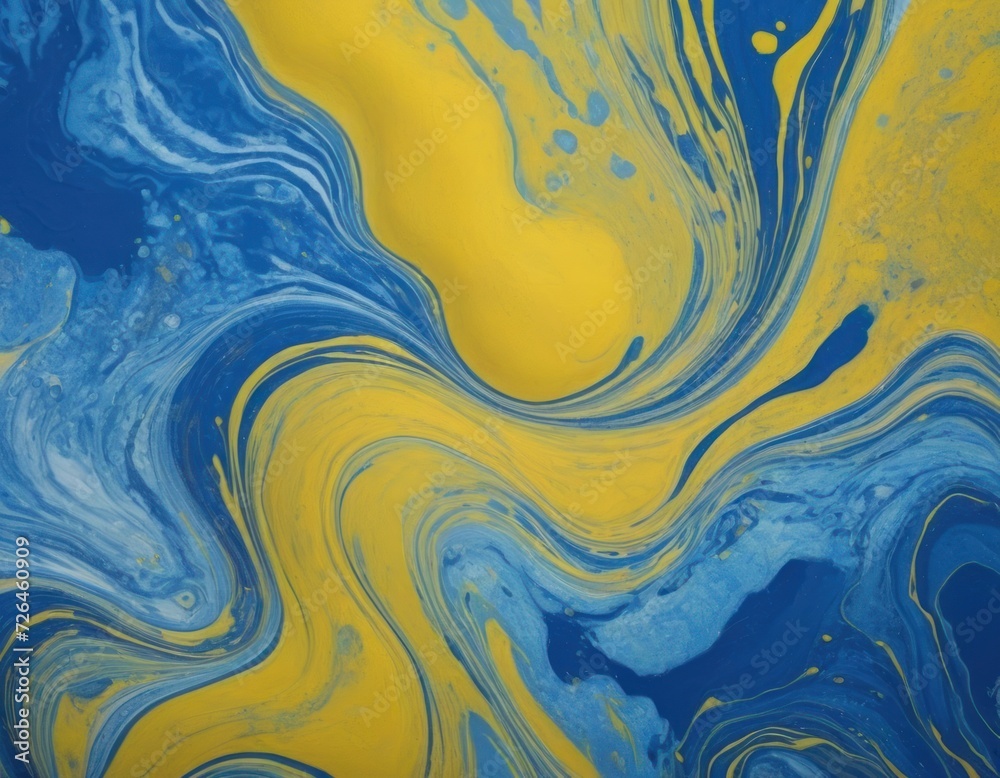 an abstract view of a blue and yellow liquid, in the style of marbleized, digital airbrushing