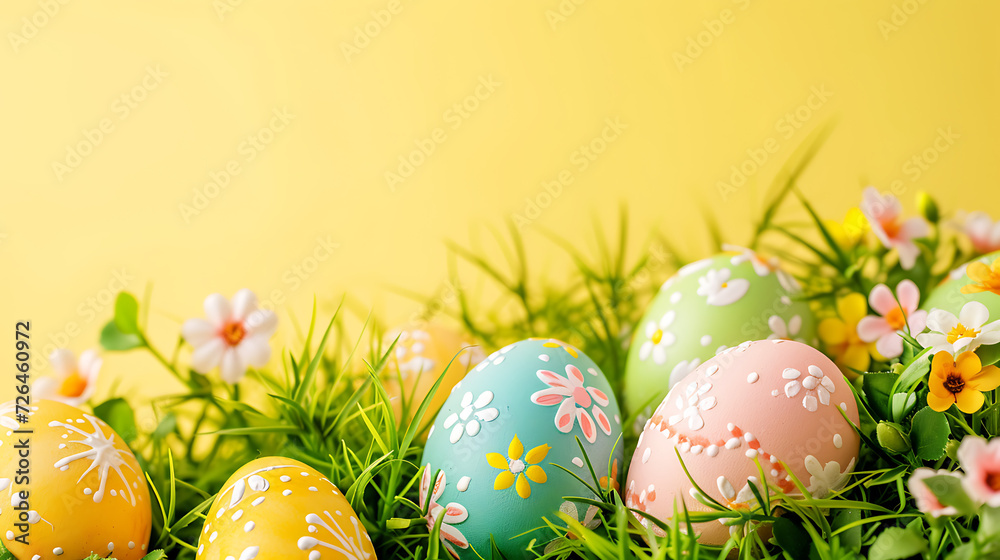 Colorful easter eggs with flowers and green grass. Easter eggs disappear on light yellow background.