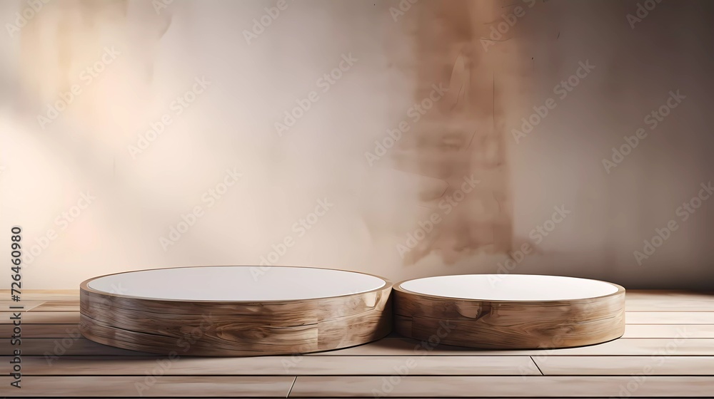 3D background The product presentation scene is created with two round podiums in white and weathered wood. generative ai 3D background The product presentation scene is created with two round podiums in white and weathered wood. generative ai