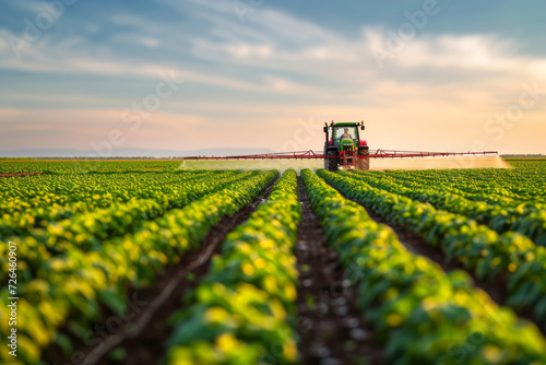 Tractor spraying green crops on cultivated field.  © imlane