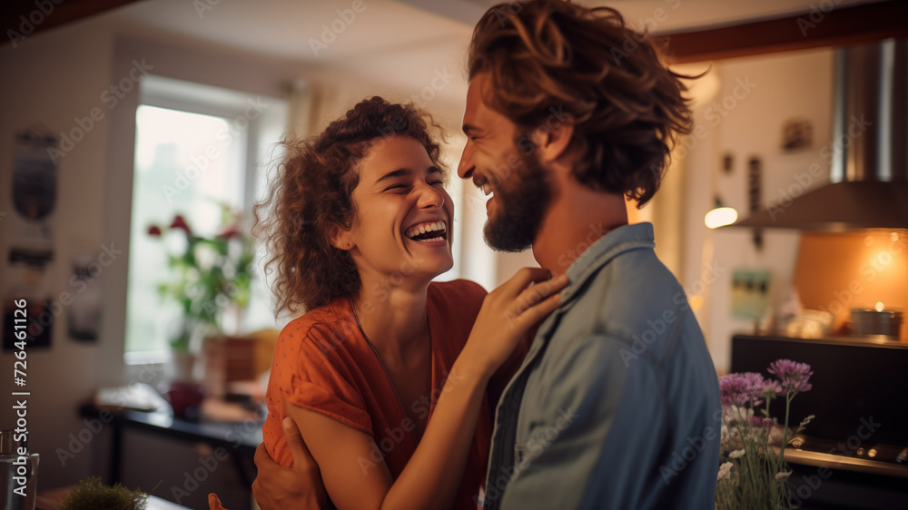 Valentine's Day. Side view portrait of laughing happy couple enjoying, female dance with her husband as they celebrate a special day in kitchen Valentine's Day. Side view portrait of laughing happy couple enjoying, female dance with her husband as they celebrate a special day in kitchen