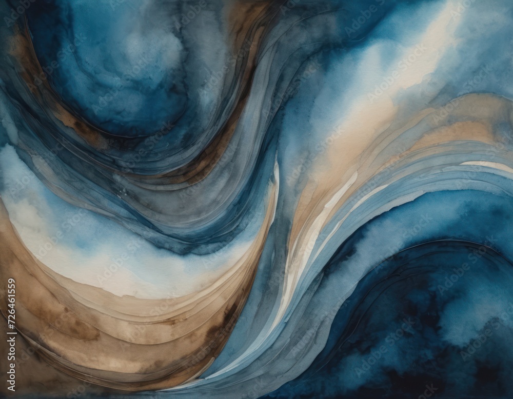 abstract painting of blues, grays, and tans, in the style of flowing fabrics, atmospheric watercolours, dark sky-blue and brown