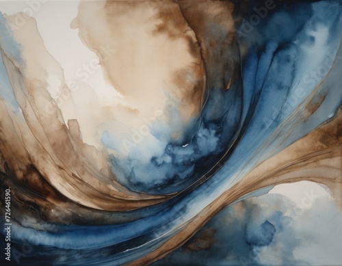 abstract painting of blues, grays, and tans, in the style of flowing fabrics, atmospheric watercolours, dark sky-blue and brown