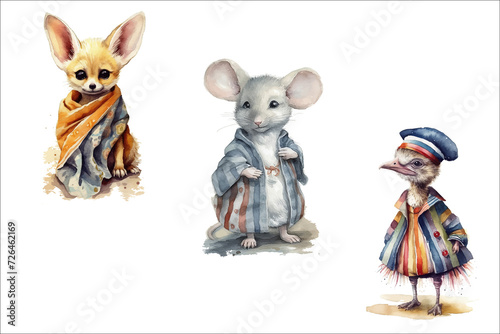 Safari Animal set fennec fox, gray mouse, ostrich bird in 3d style. Isolated  illustration