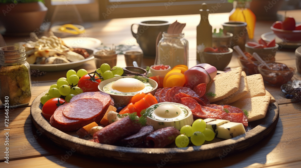 Sunlit Breakfast Spread with Fresh Fruits and Deli Meats - Generative AI Sunlit Breakfast Spread with Fresh Fruits and Deli Meats - Generative AI