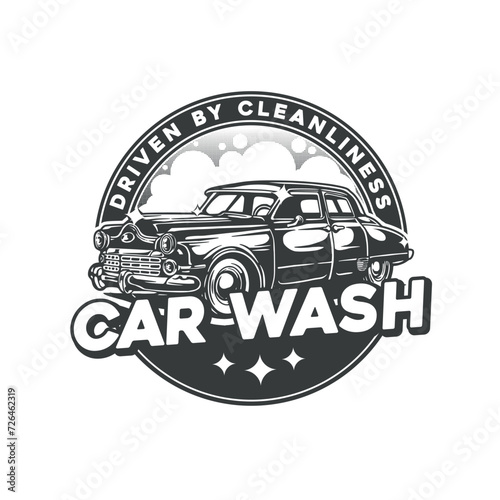 Vintage shiny car with bubble soap for your business car wash vector logo design 