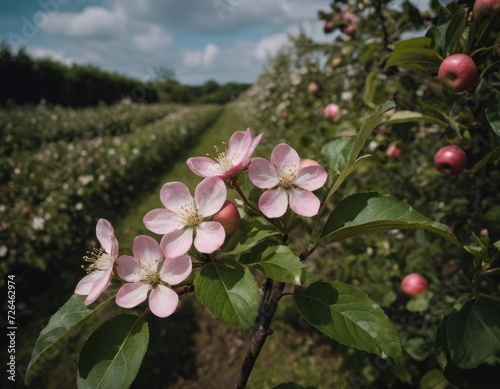 a photo of an apple plant with bright white flowers  in the style of dark sky-blue and pink
