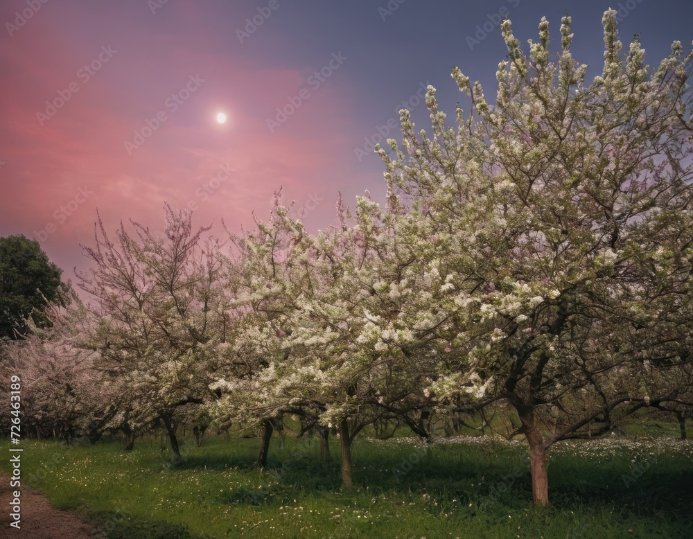 a photo of an apple plant with bright white flowers, in the style of dark sky-blue and pink