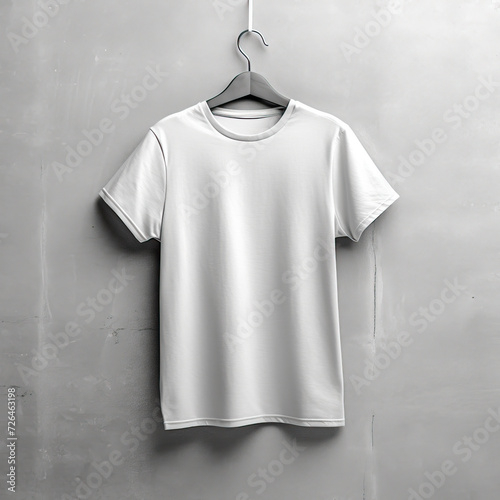 Blank White T-Shirt Hanging Against a Grey Wall - Generative AI