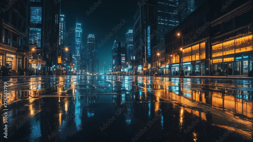 a city street at night with a lot of lights on it and buildings in the background with rain on the ground, cyberpunk city