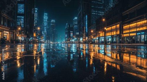 a city street at night with a lot of lights on it and buildings in the background with rain on the ground, cyberpunk city