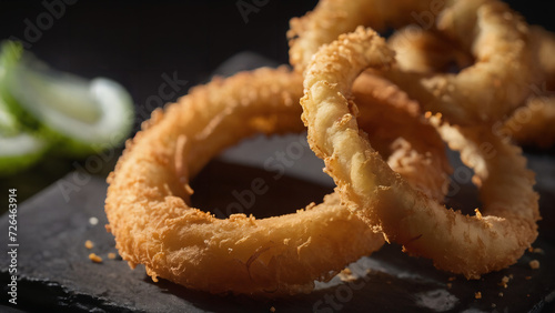 a close up of a onion rings on a table with a black surface professional food photography