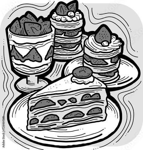 Sweet dessert cake with fruits for celebration birthday party or wedding, tasty breakfast. For cafe, restaurant menu print, postcard or poster. Hand drawn illustration. Cartoon style line art drawing.