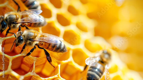 bees on honeycomb - studio shot of a bees on a honeycomb a bright color background. © LiezDesign