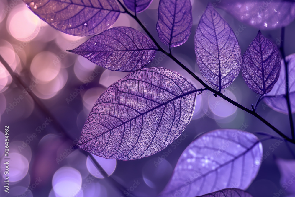 Transparent leaves closeup of purple color with Boke. 