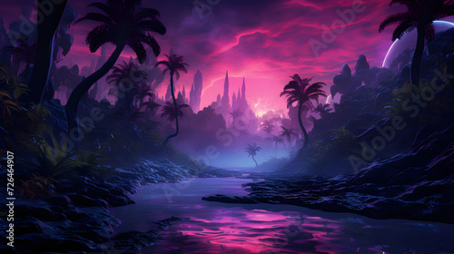 Jungle gaming background in neon shades,, Sun Poster Photos & Images