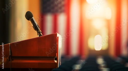Poster with a podium with a microphone, preparation of the candidates' speech, blurred background of the hall with copy space for the election concept photo