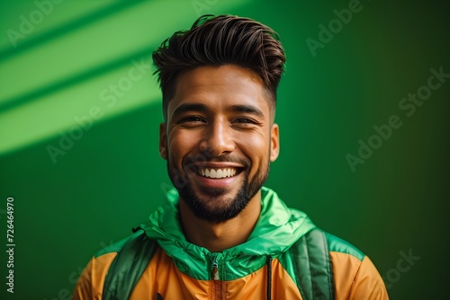 handsome man, smiling and laughing,. Bright solid green background. generative AI 
