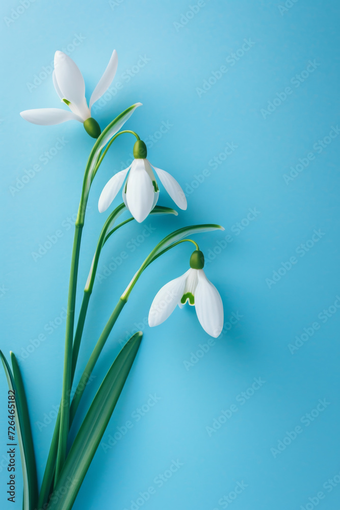 Obraz premium Creative layout made with snowdrop flowers on bright blue background. 