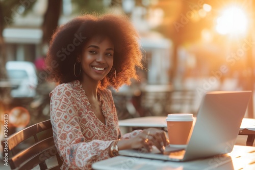 Beautiful black woman is sitting at the cafe with laptop, freelancer, remote work © Tymofii