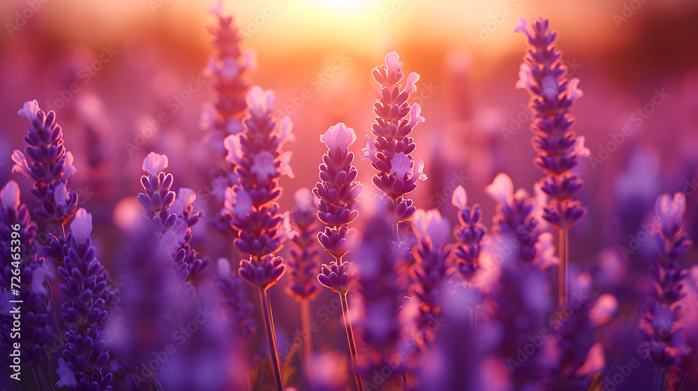 Fototapeta premium A field of lavender, with fragrant purple flowers as the background, during a Tuscan sunset