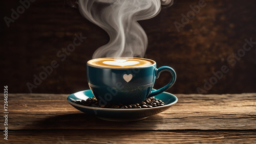 a cup of coffee with a heart on it on a saucer with a saucer and beans in it, morning, a stock photo, art photography