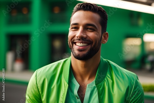 handsome man, smiling and laughing,. Bright solid green background. generative AI 
