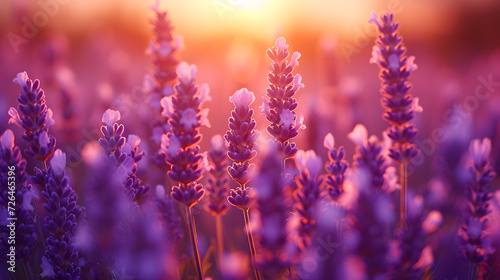 A field of lavender  with fragrant purple flowers as the background  during a Tuscan sunset