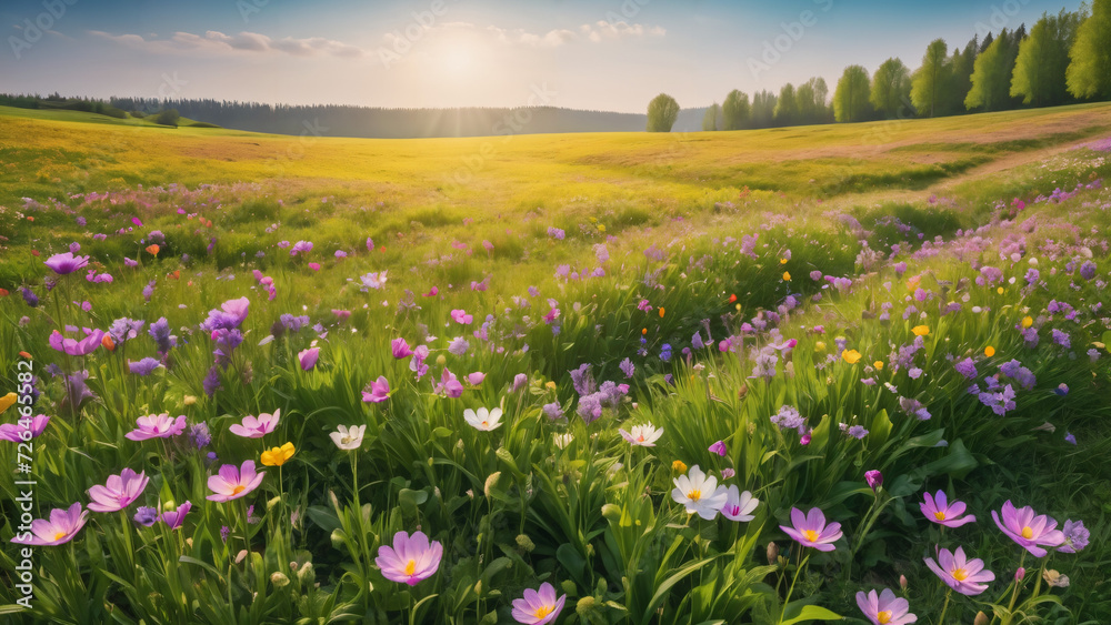 a field of flowers with the sun shining in the background and a field of trees in the foreground, beautiful landscape