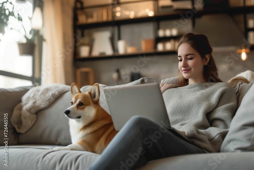 Beautiful woman is sitting on the sofa with a laptop, corgi beside her, freelancer, remote work