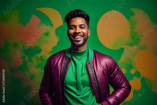 handsome man, smiling and laughing,. Bright solid green background. generative AI 
