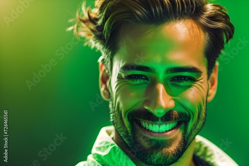 handsome man, smiling and laughing,. Bright solid green background. generative AI 

