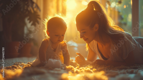 Mother and child spending time together, doing household chores, happy family.