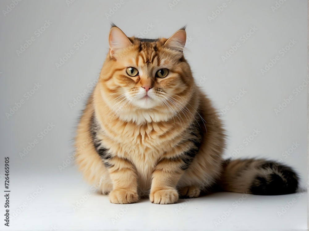 Cute chubby cat on plain white background from Generative AI