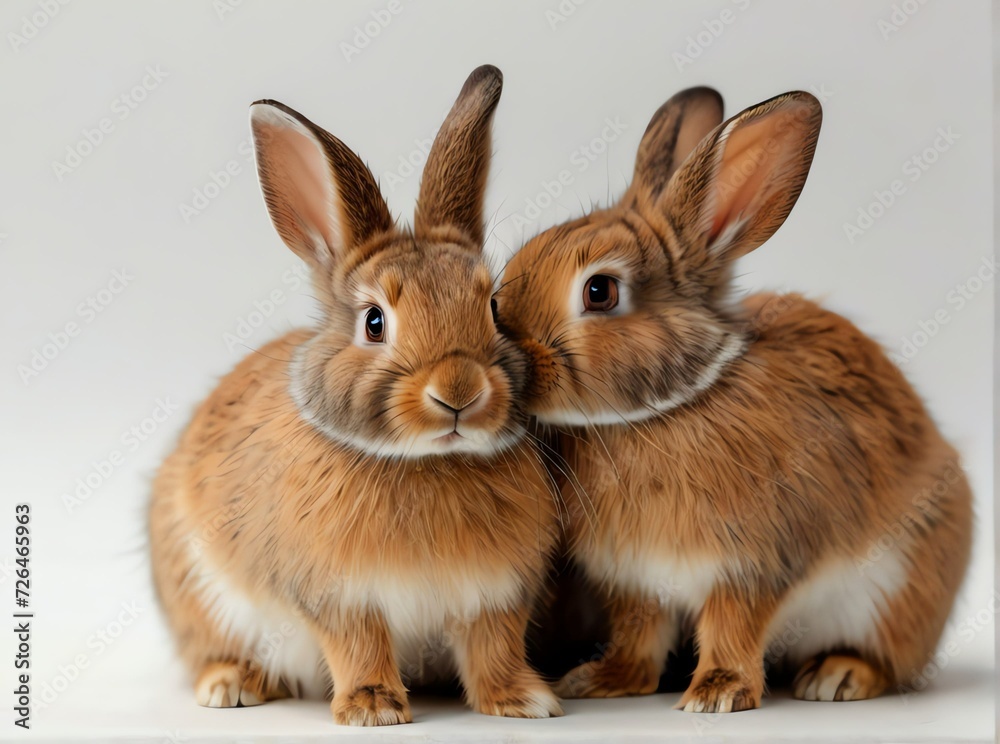 Fototapeta premium Cute brown rabbits on plain white background from Generative AI