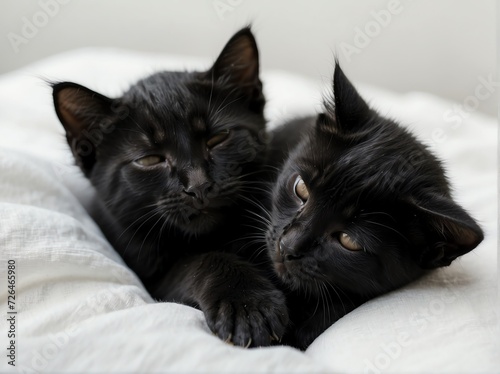Cute black kittens sleeping on plain white background from Generative AI © Arceli