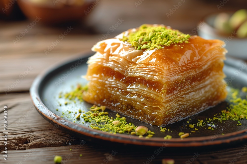 Banner sumptuous stacked pistachio baklava on a rust, ceramic plate, with Honey and Nuts