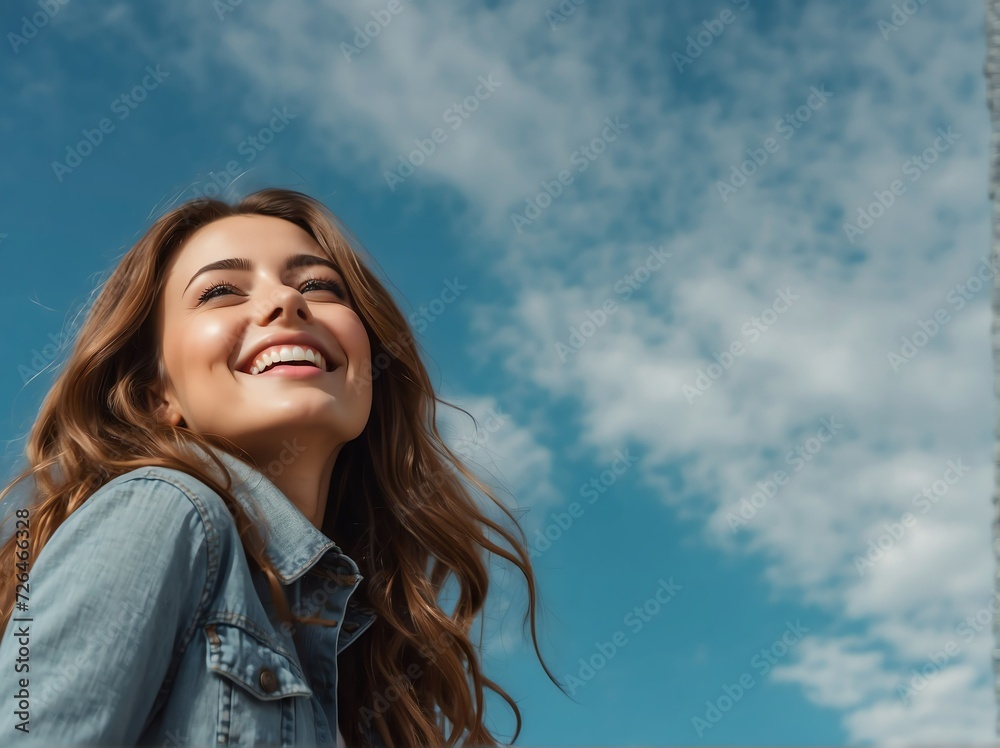 Beautiful happy smiling young woman looking up in the sky from Generative AI Beautiful happy smiling young woman looking up in the sky from Generative AI