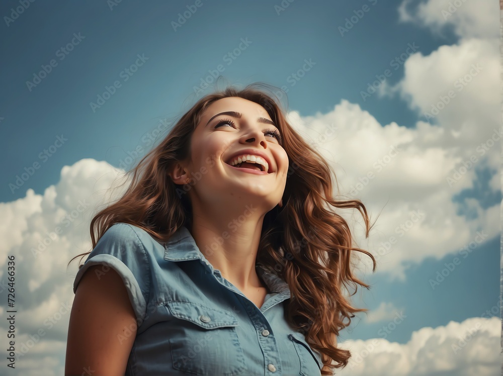 Beautiful happy smiling young woman looking up in the sky from Generative AI Beautiful happy smiling young woman looking up in the sky from Generative AI