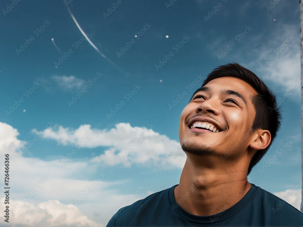 Beautiful happy smiling young filipino man looking up in the sky from Generative AI Beautiful happy smiling young filipino man looking up in the sky from Generative AI