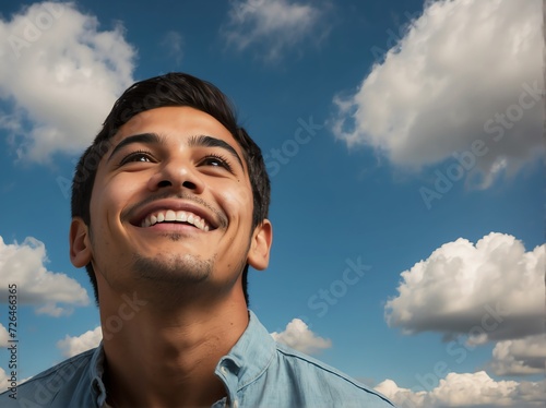 Beautiful happy smiling young hispanic man looking up in the sky from Generative AI
