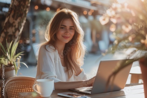 Beautiful woman is sitting at the cafe with a laptop, freelancer, remote work