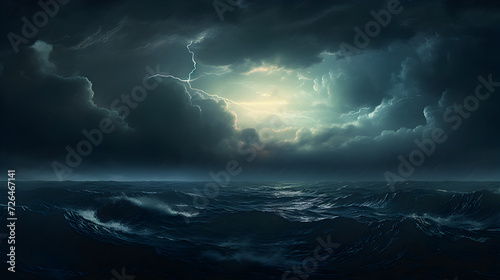 A ship in a storm with a fire on the bottom,, Heavy Rain Storm with Thunder Over Cloudy Sky
