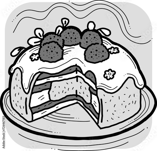 Sweet dessert cake with fruits for celebration birthday party or wedding, tasty breakfast. For cafe, restaurant menu print, postcard or poster. Hand drawn illustration. Cartoon style line art drawing.