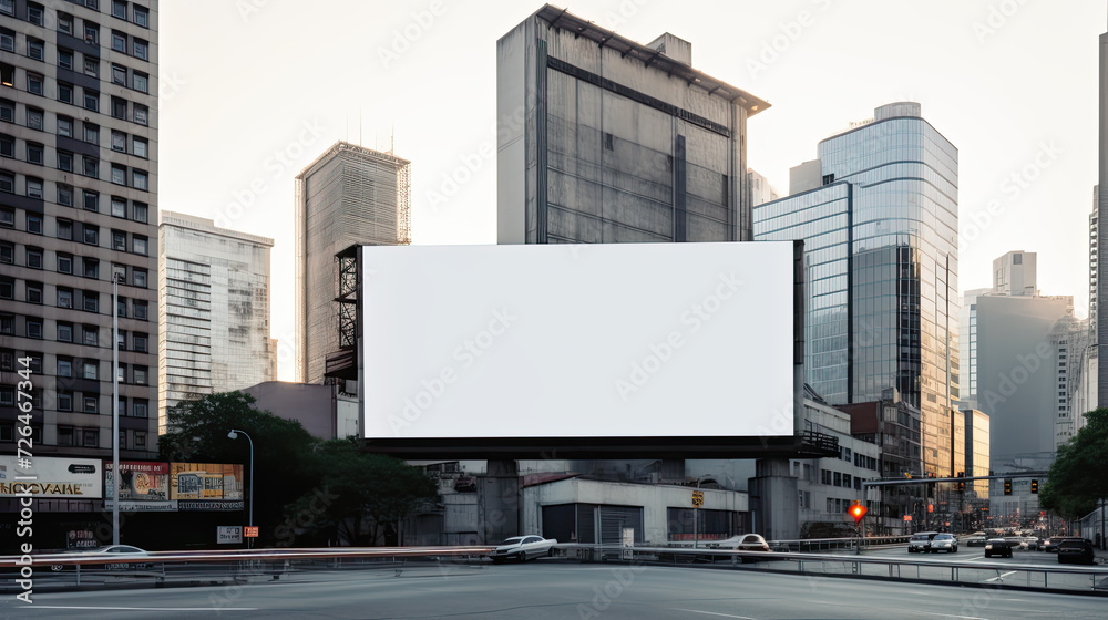 Skyscrapers and Highway with Blank Billboard - Generative AI Skyscrapers and Highway with Blank Billboard - Generative AI