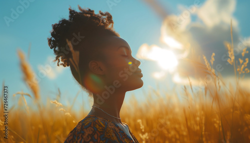 Backlit Portrait of calm happy smiling free african woman with closed eyes enjoys a beautiful moment life on the fields at sunset